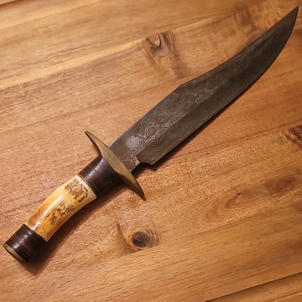 10in Vintage Colt Knife with a Damascus Blade and a Brown Leather Sheath